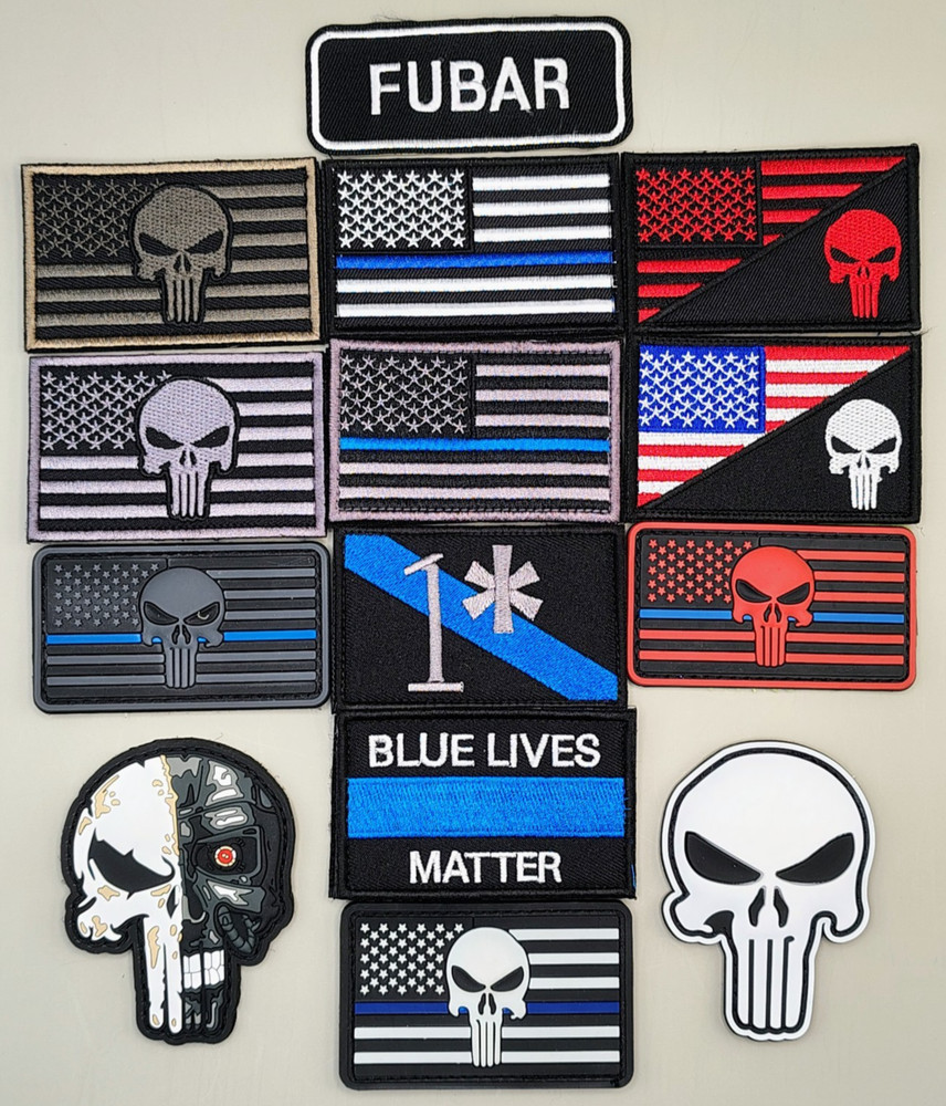 Tactical Morale Patch PVC Rubber Skull Flag Thin Blue Line Hook Loop YOU PICK