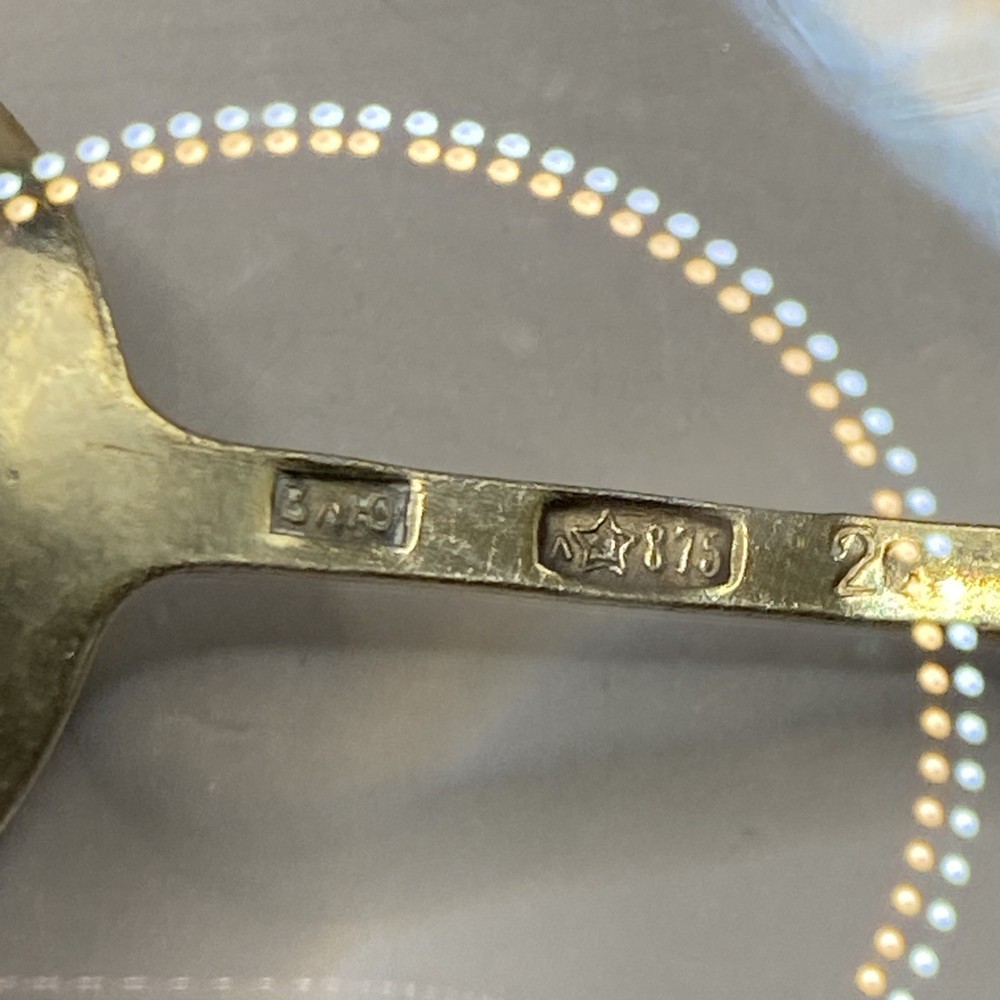 Soviet c.1908 Russian Enamel Silver Salt Spoon Marked 875 3rd Artel Workshop