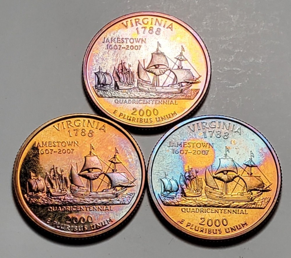 3 X TONED 2000 S VIRGINIA STATE QUARTER CLAD PROOF UNC #W102