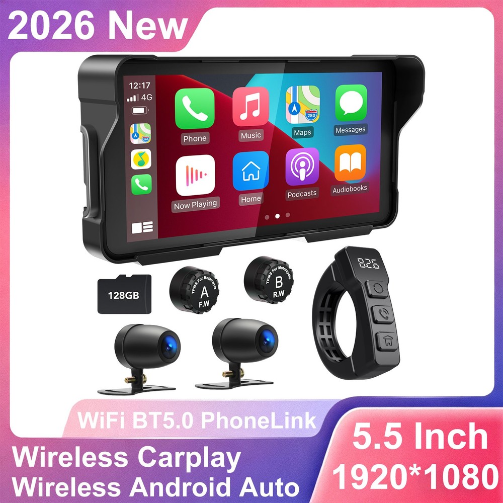 Motorcycle Carplay with Dash Cam 5.5" Wireless Android Auto TPMS Waterproof GPS