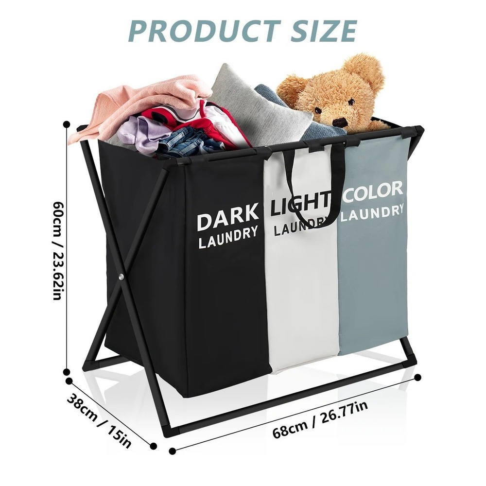 Foldable 3 Section Divided Large Laundry Hamper Basket for Dirty Clothes Storage