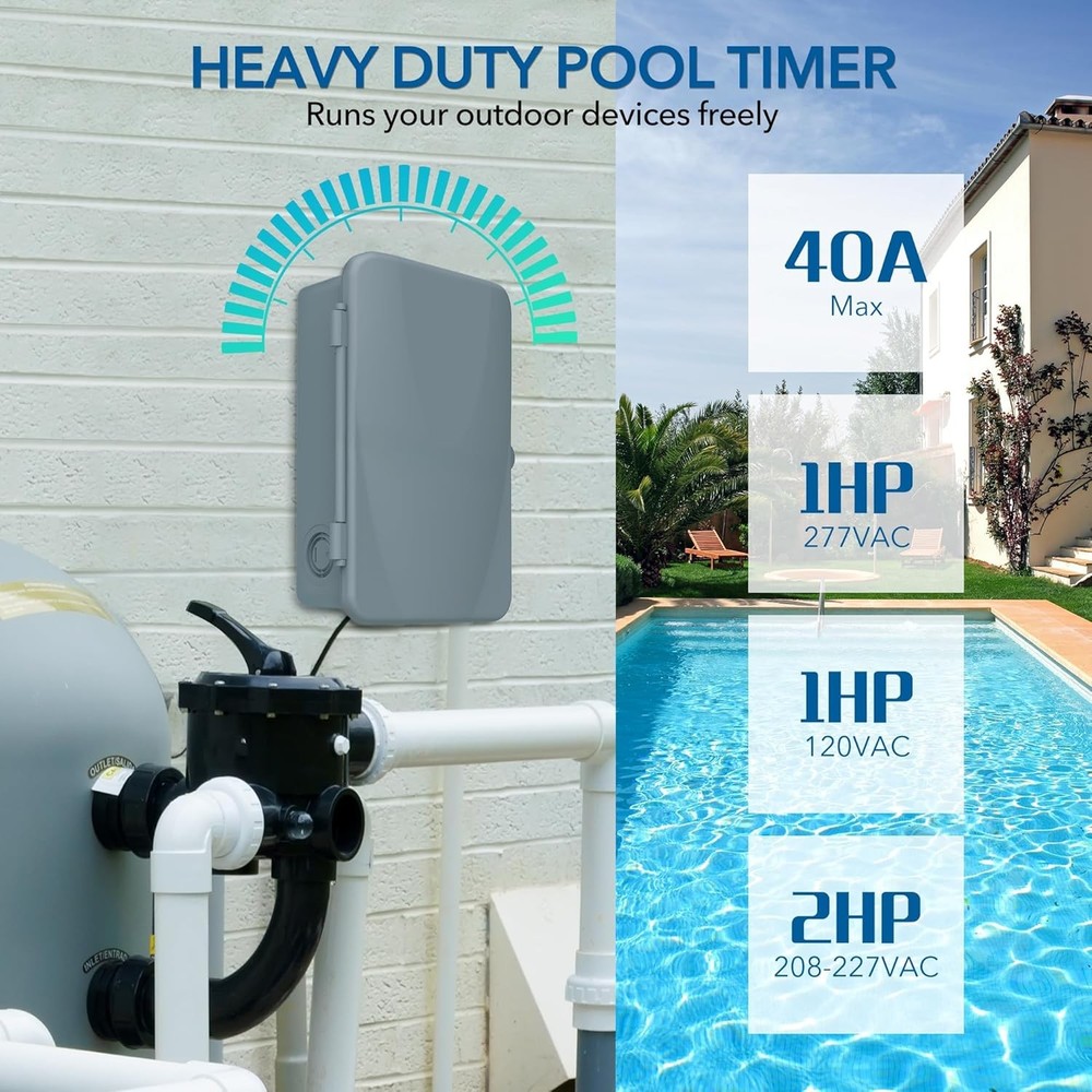 BN-LINK Pool Pump Timer, Outdoor Timer Box, Heavy Duty, 2HP 40A Max, Gray