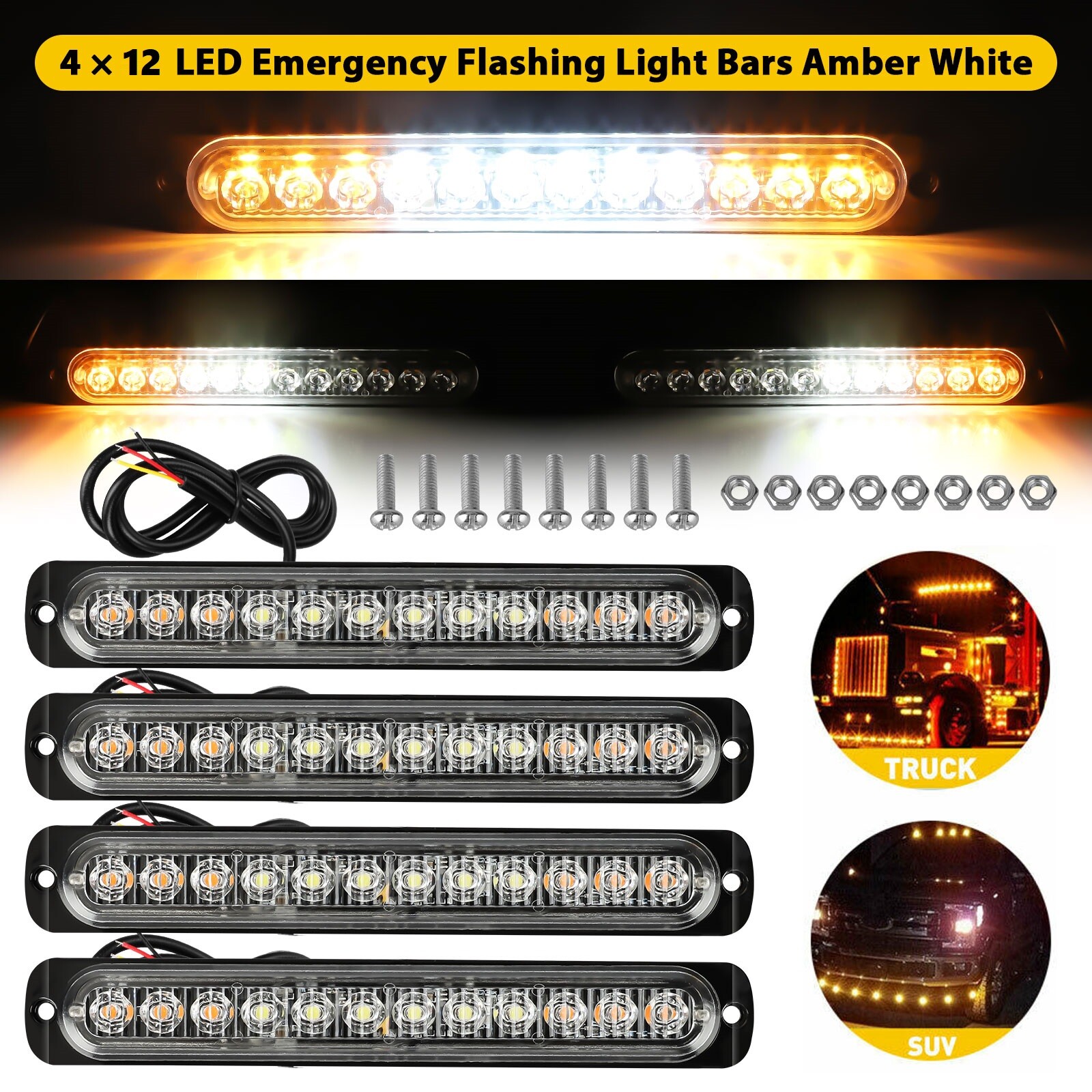 4PCS Amber/White 12 LED Car Truck Strobe Light Bar Flashing Warning Hazard Lamps