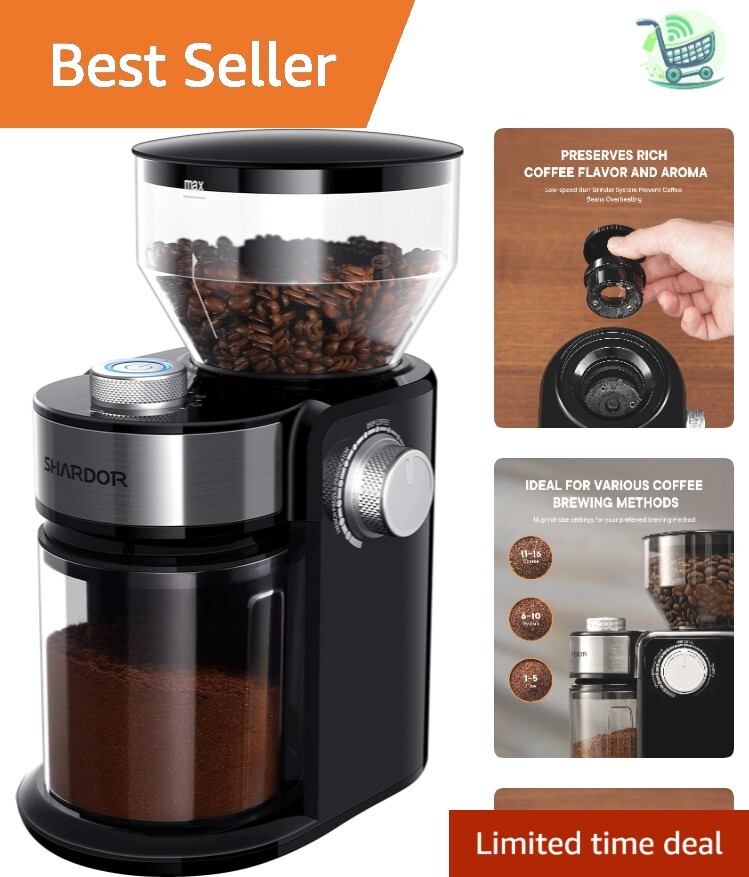 Durable Black Electric Coffee Grinder - 16 Adjustable Settings, Removable Burr