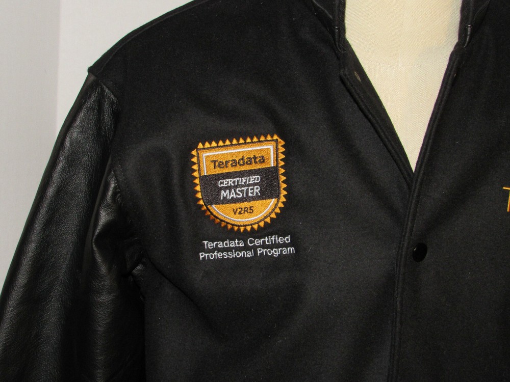 TERADATA 'CERTIFIED MASTER' BLACK WOOL VARSITY JACKET! LEATHER SLEEVES! NWT! S