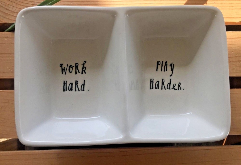 ~Rae Dunn~Divided Dish~"Work Hard" "Play Harder"~Ceramic~NEW~