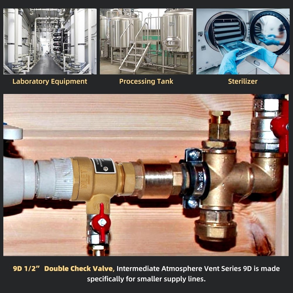 Versatile 1/2" Brass Backflow Preventer with Rubber Disc - Prevents Water Damage