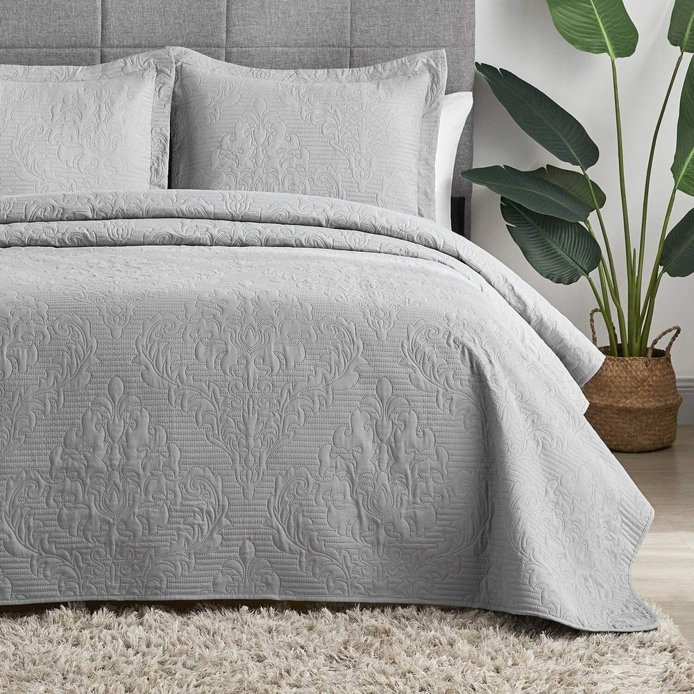 Twin Full Queen King Bed Solid Gray Grey Embossed 3pc Quilt Set Coverlet Bedding