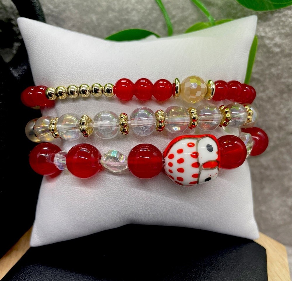 3 PC Handmade Boho  Beaded Stackable 6.5” Plus Stretch Bracelet Set New B1321