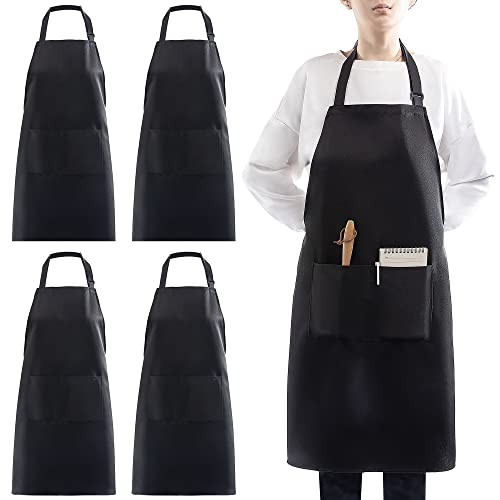 4 Pack Adjustable Apron Apron with 2 Pockets, Machine Washable Polycotton Black