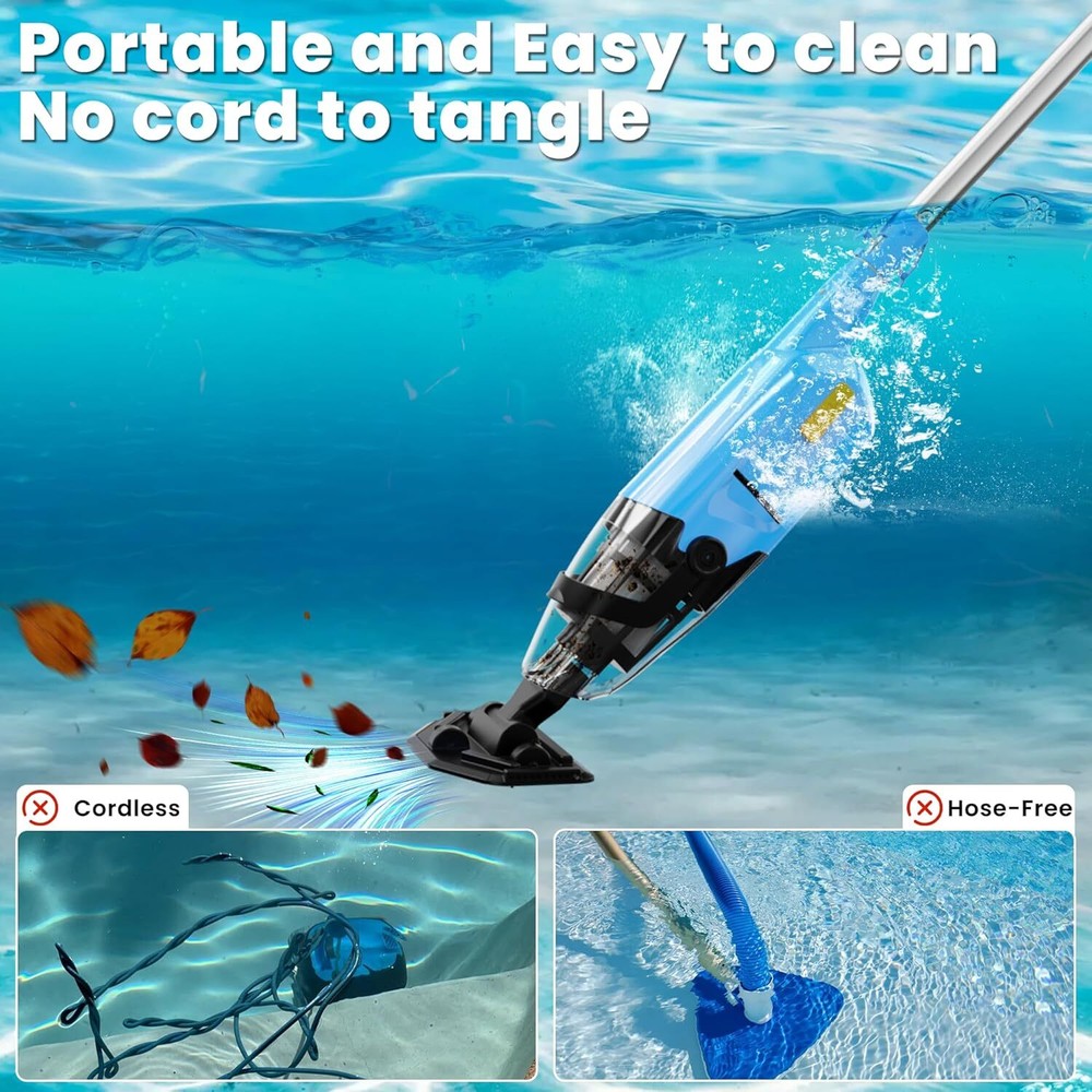 Cordless Pool Vacuum Handheld Pool Cleaner Rechargeable with Telescopic Pole