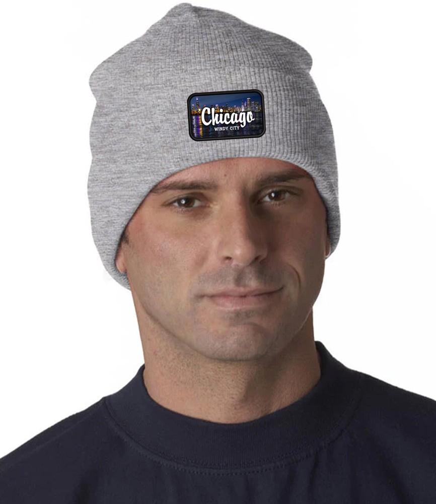 Chicago Skyline Windy City Patch Cuffed Knit Hat Grey