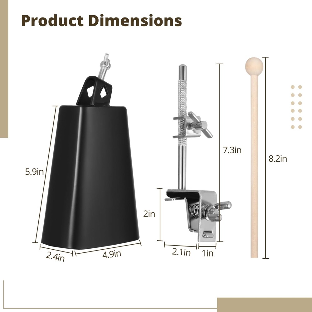6in Metal Cowbell with Drum Stick & Adjustable Clamp