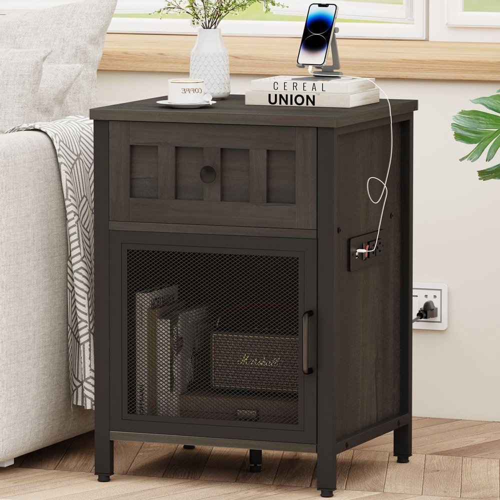 FATORRI End Table with Charging Station, Farmhouse Side Walnut Brown