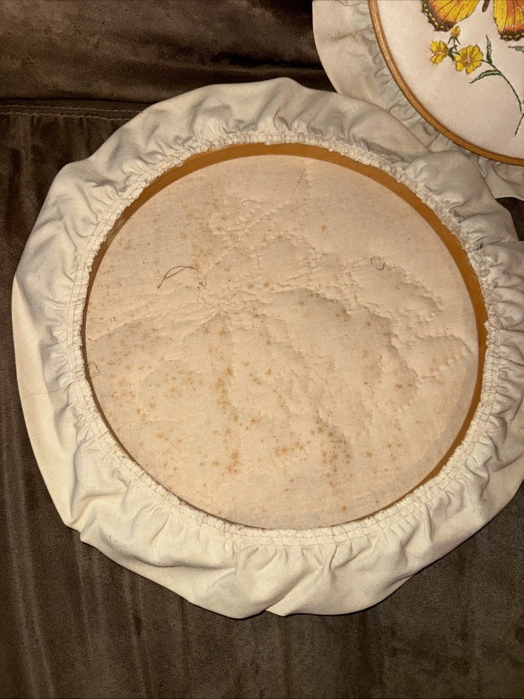 Three Embroidery Hoops With Finished Pieces