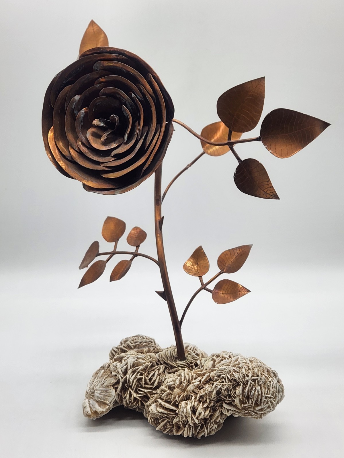 Copper Rose Sculpture w/Desert Sand Rose Crystal ~ 13" H x 10" L x9" W