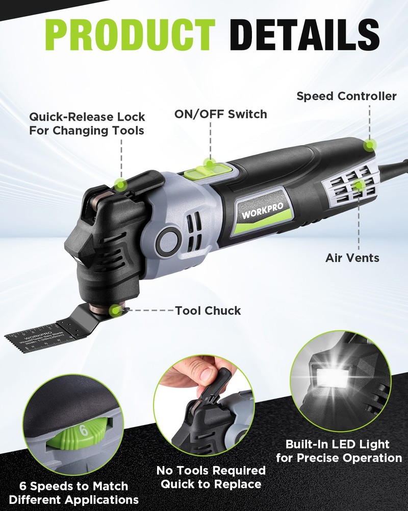 WORKPRO 400W Oscillating Multi-Tool Power Saw Adjustable 6-Speed Control