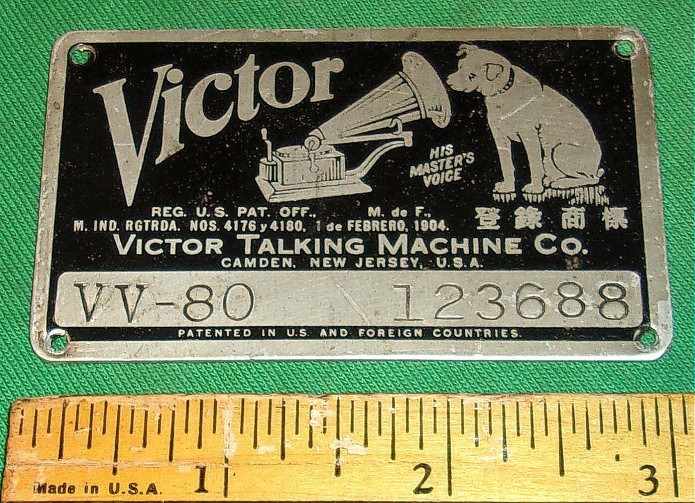 Victor VV-80 Phonograph Nameplate Clean! (1923)