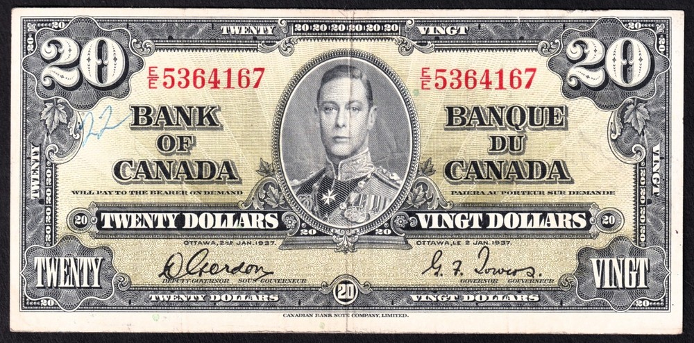 Canada 1937 $20 Twenty Dollar Banknote Gordon - Towers E/E 5364167
