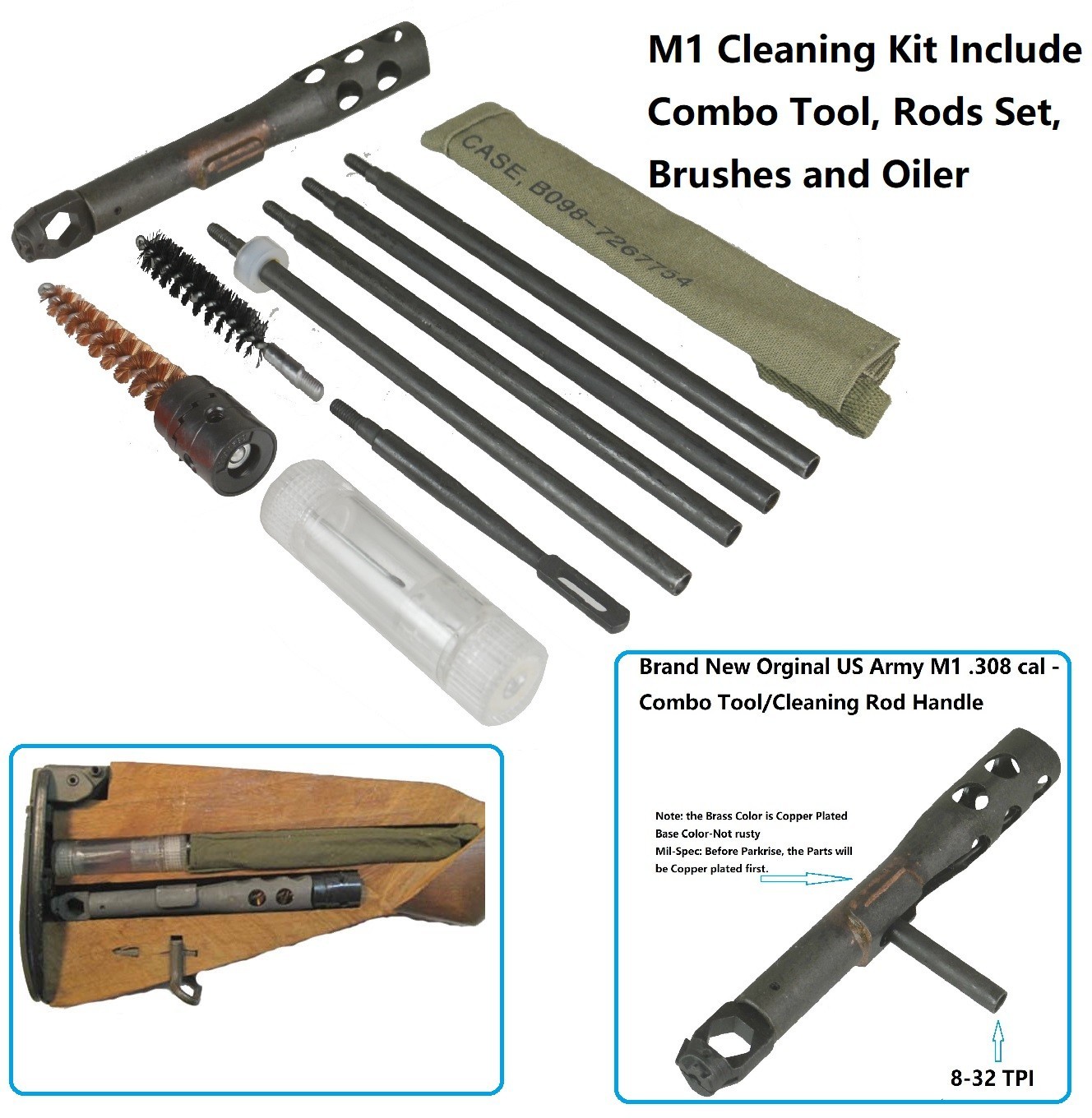 Deluxe M1A Rifle Cleaning Kit  Brush 8-32 TPI 5PC Rod in Oiler Green Pouch