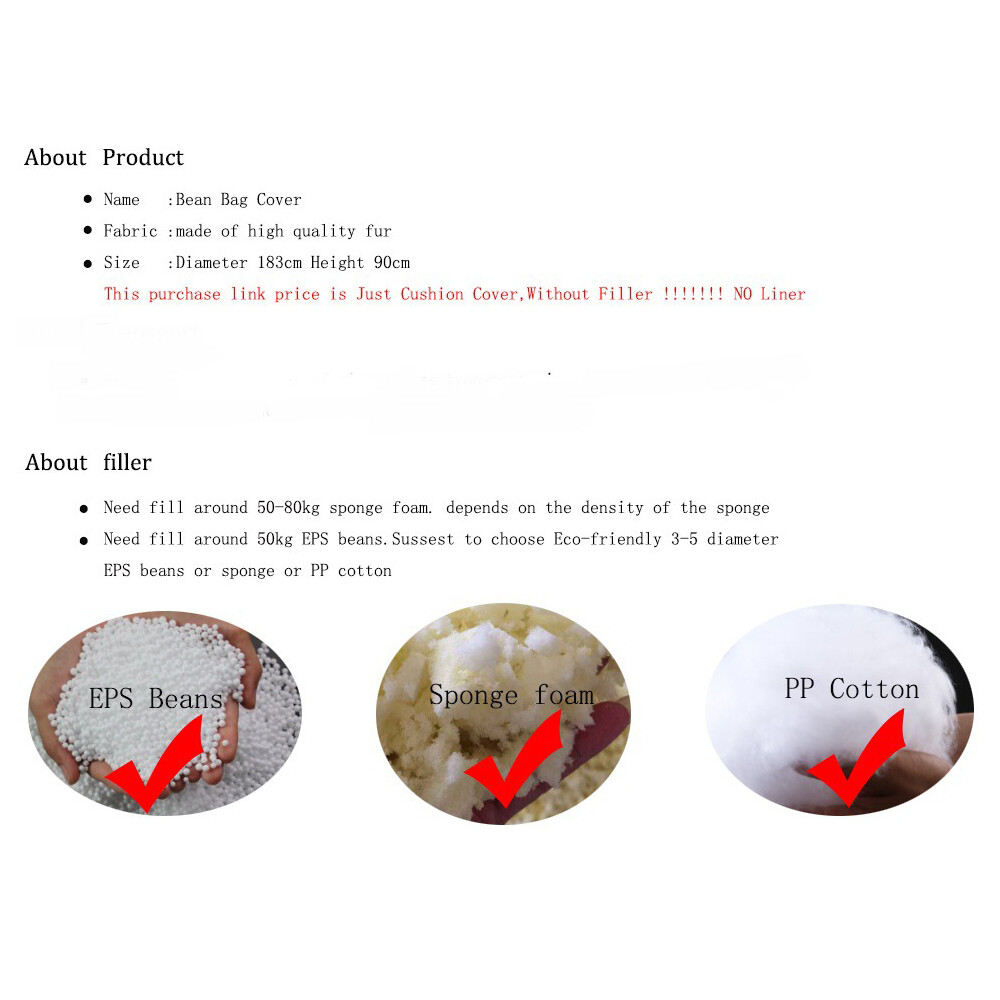 7Ft Large Bean Bag Chair Cover Living Room Furniture Faux Lazy Sofa Bed Cover