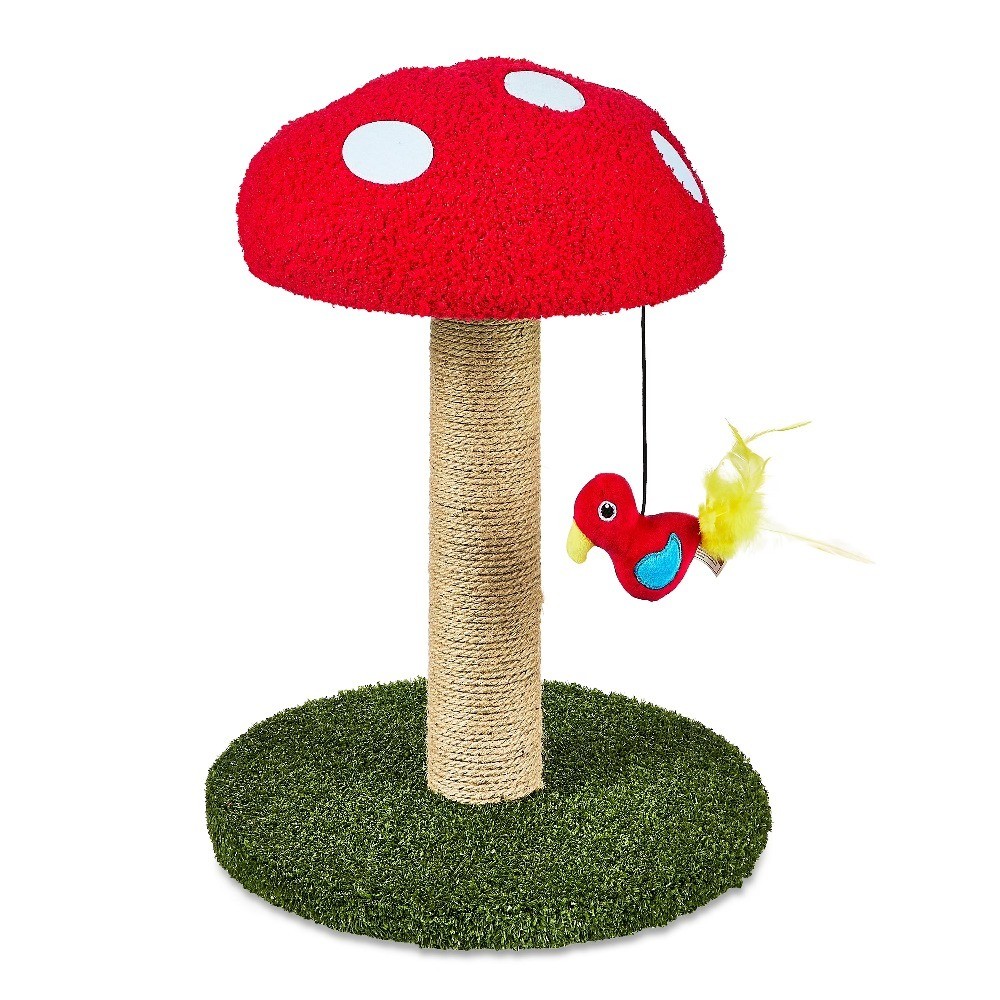 Multicolor Jute Mushroom Cat Scratching Post with Dangling Bird Toy