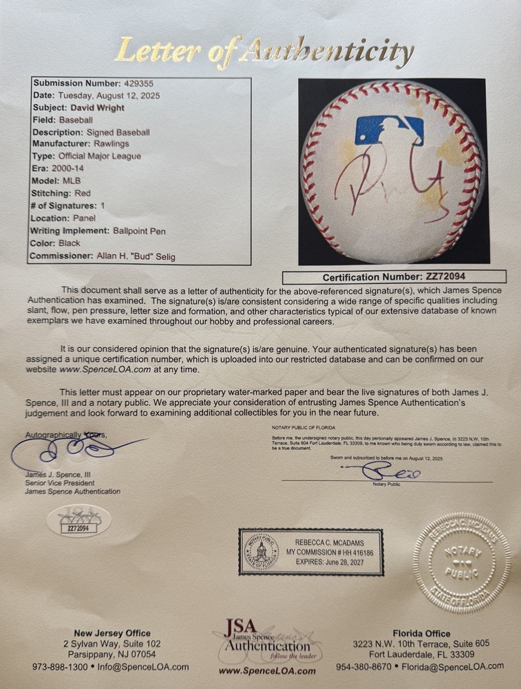 David Wright Signed Official Major League Baseball MLB Certified COA