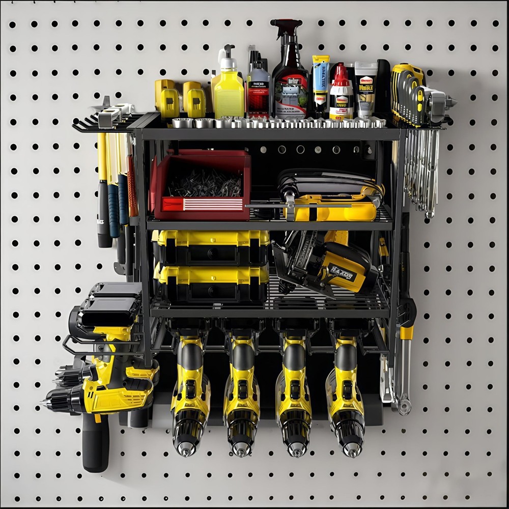 4 Layer Power Tool Organizer Wall Mount, Heavy-Duty Tools Holder with 6 Drill...