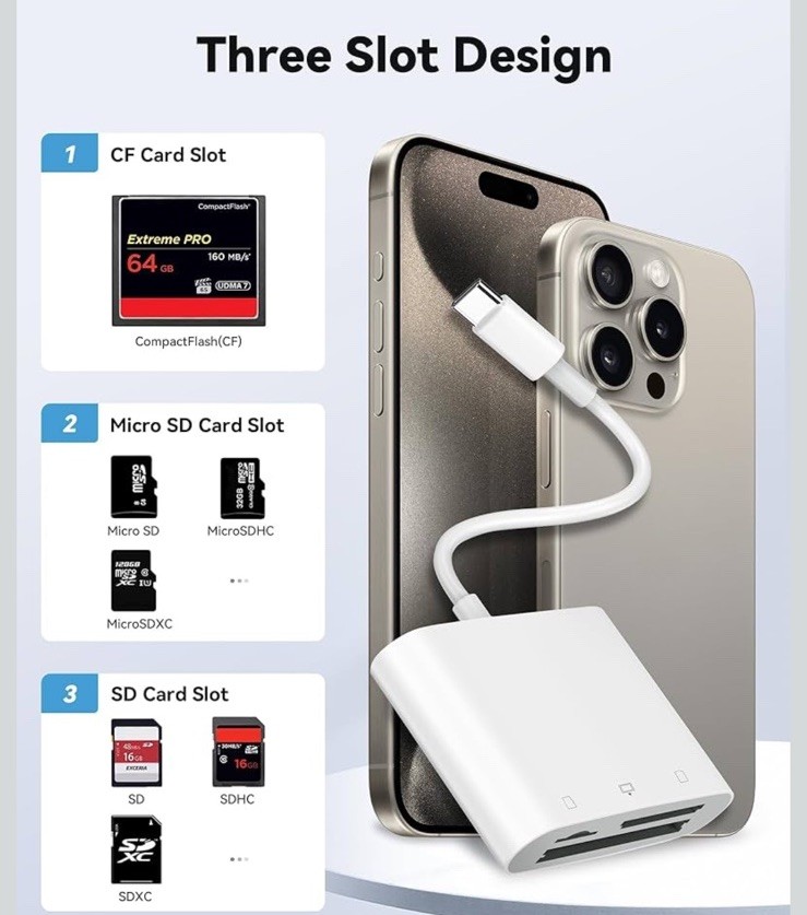 3 Slot CF Micro SD Card Reader USB C for iPhone15 Android Phone iPad Mac Laptop