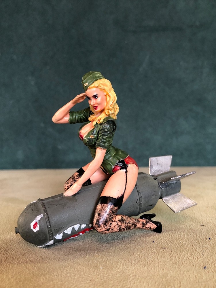 Painted WWII Pin Up On Bomb, Solid Fine Pewter