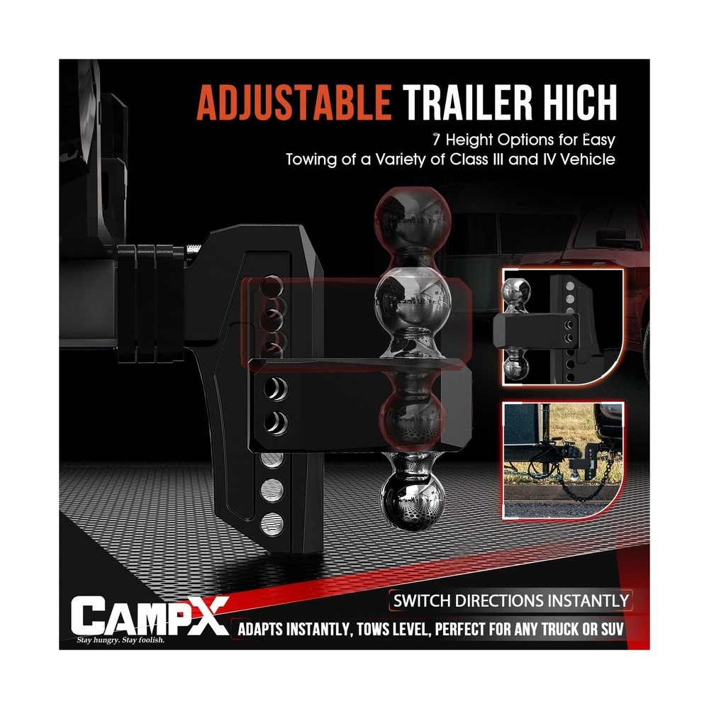 Adjustable Trailer Hitch Fits 2.5" Receiver, 6" Drop & Rise, Dual Solid Ball ...