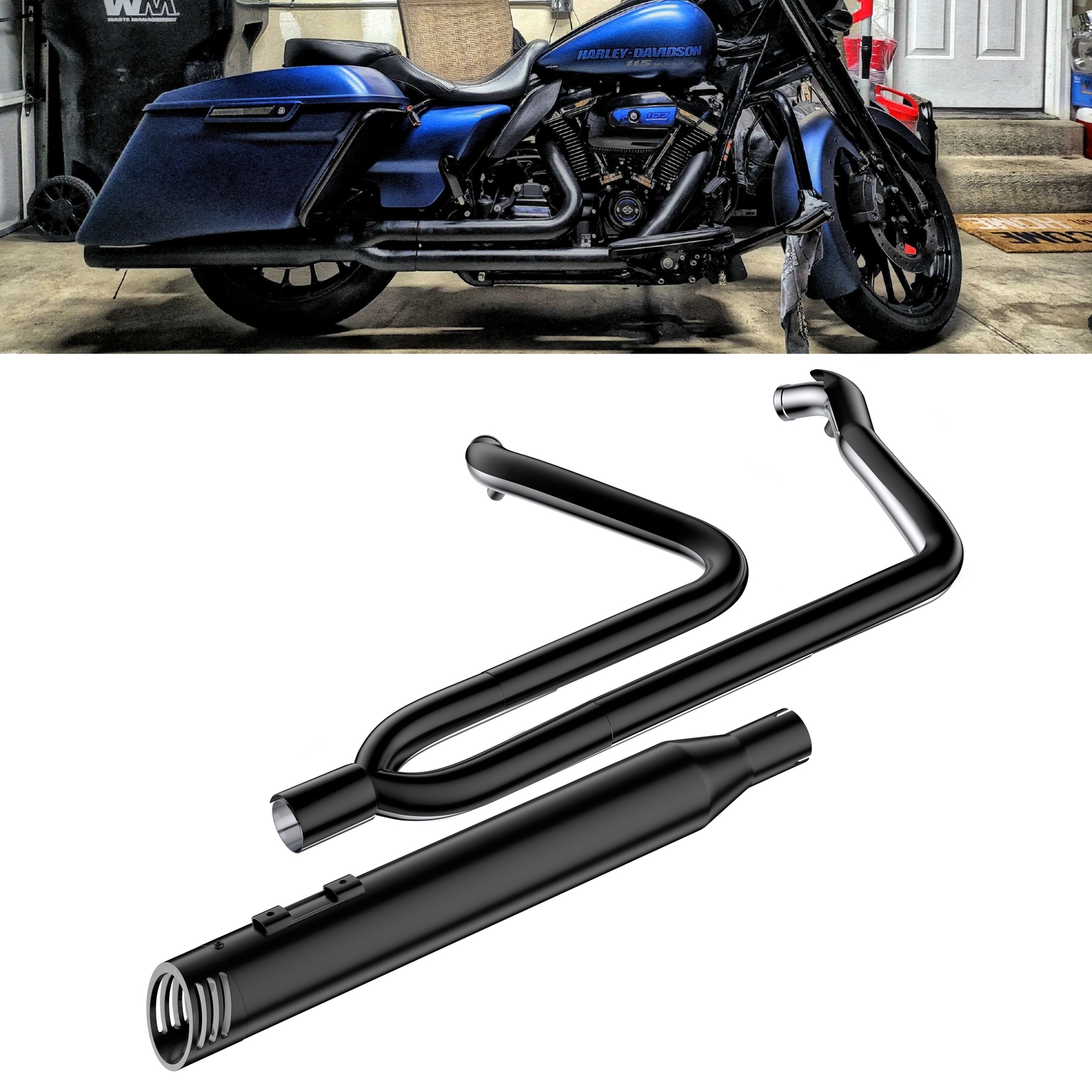 Pro 2 into 1 Black Exhaust Pipe w/ 4" Muffler Fit For 1995-2016Harley Touring08B