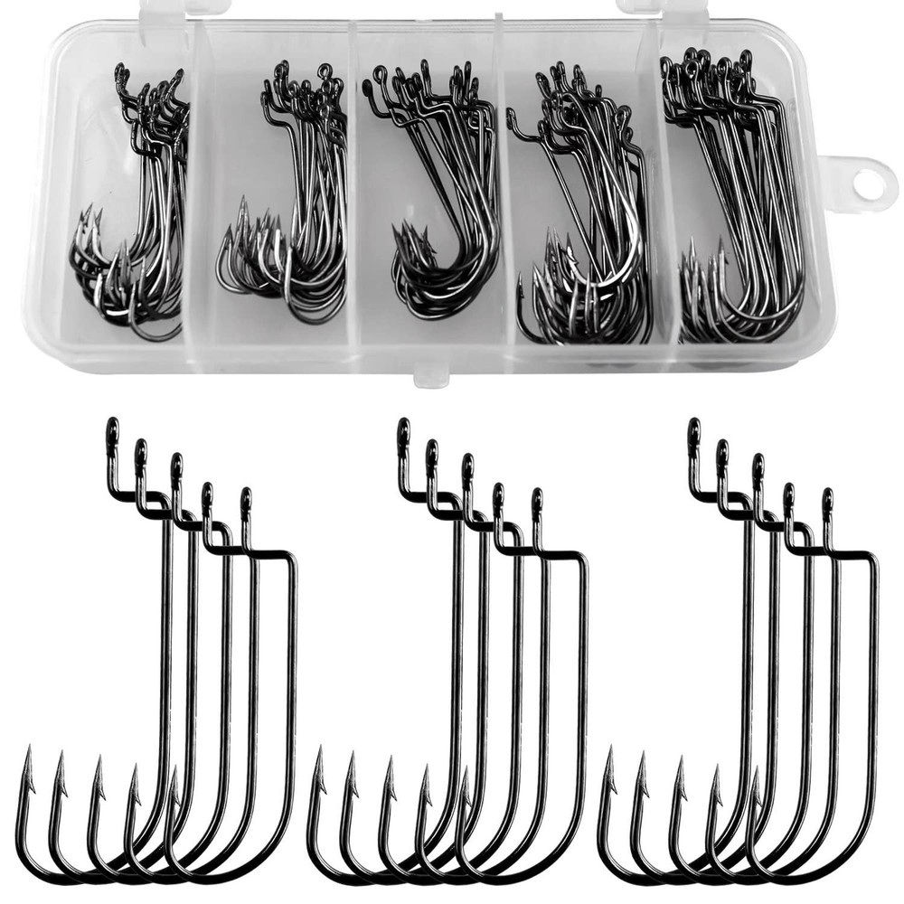 THKFISH 50pcs/100pcs/box Offset Worm Hook Fishing Hook Set Dropshot Hook Set ...