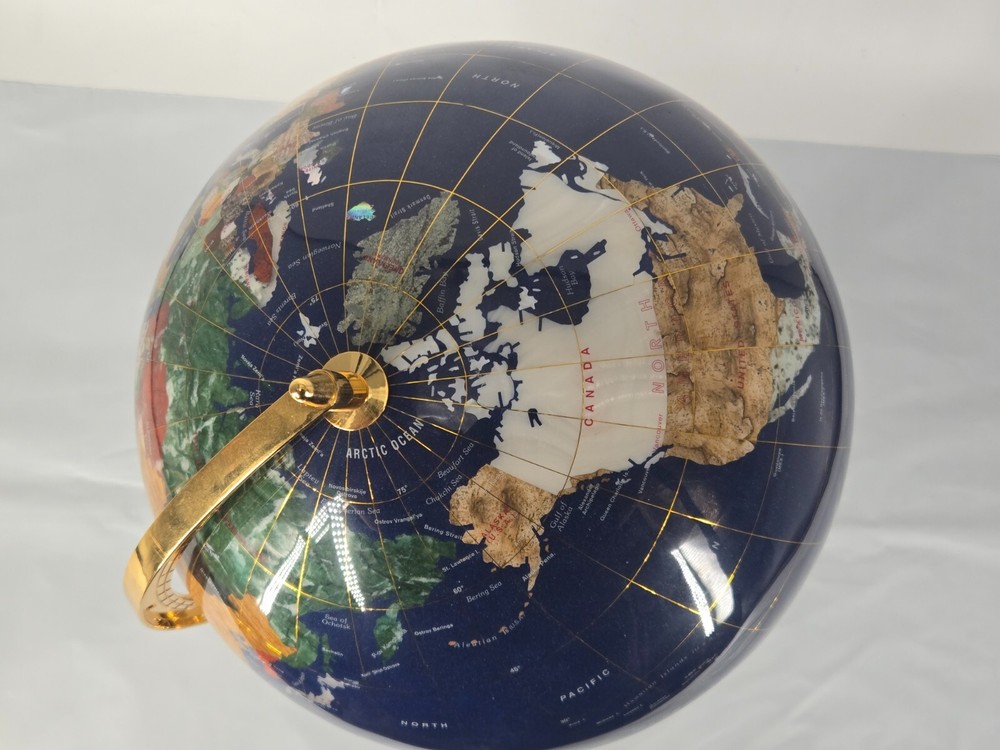 Globe Gemstone World Map Blue Lapis on Brass Stand H 21"