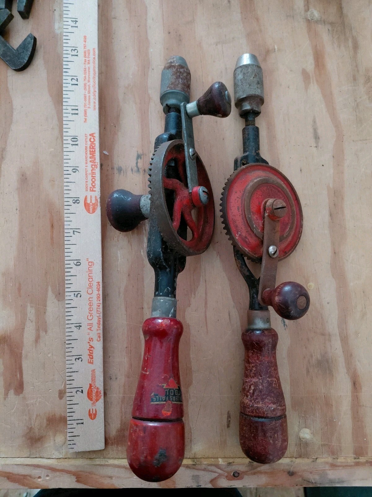 2 Antique Hand Crank Eggbeater Drill Wood Handles Manual Tools