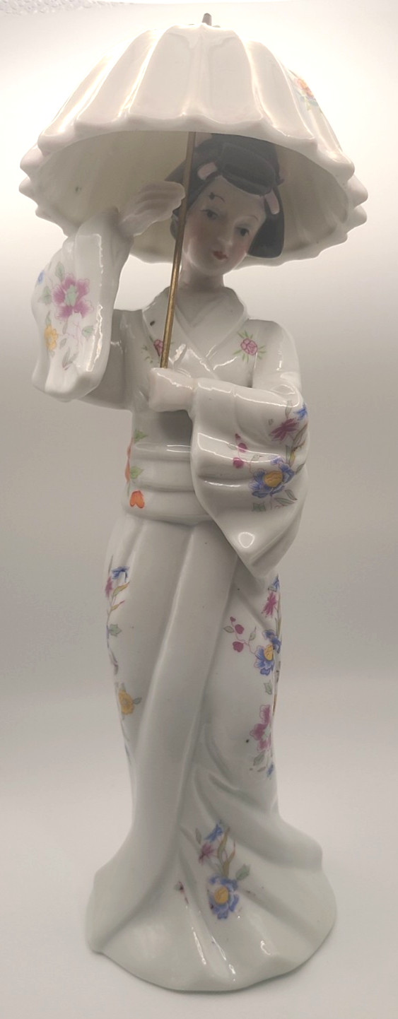 Vintage Japanese Geisha with Umbrella Floral Porcelain Statue 13" Unique