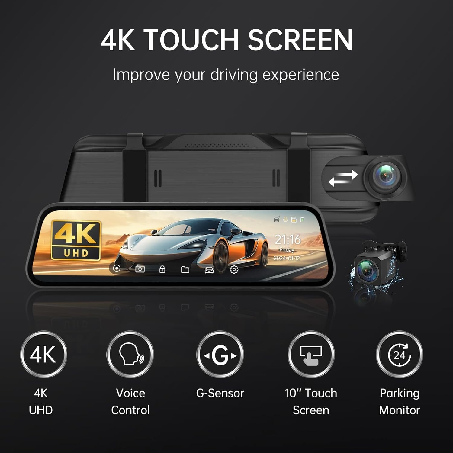 4K Rear View Mirror Camera,10'' Mirror Dash Cam with 1080P Rear Camera,32gb card