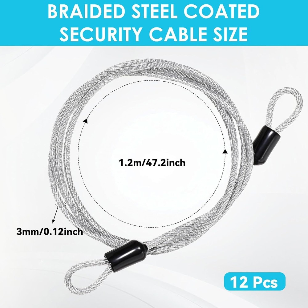 12 Pack 4FT/48Inch Security Cable Lock, 3mm Steel Cable with Loops, Braided Stee