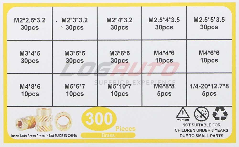 300Pcs Brass Threaded Hot Melt Heat Nut Set Insert Embedment Thread Nuts M2-M6