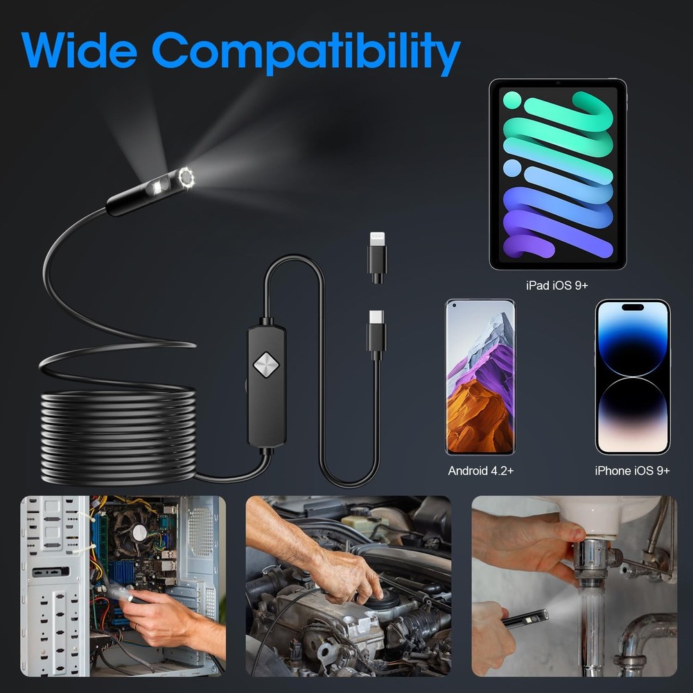 Endoscope with Light, 1920P HD Borescope 8 Adjustable LED 16.4FT, black