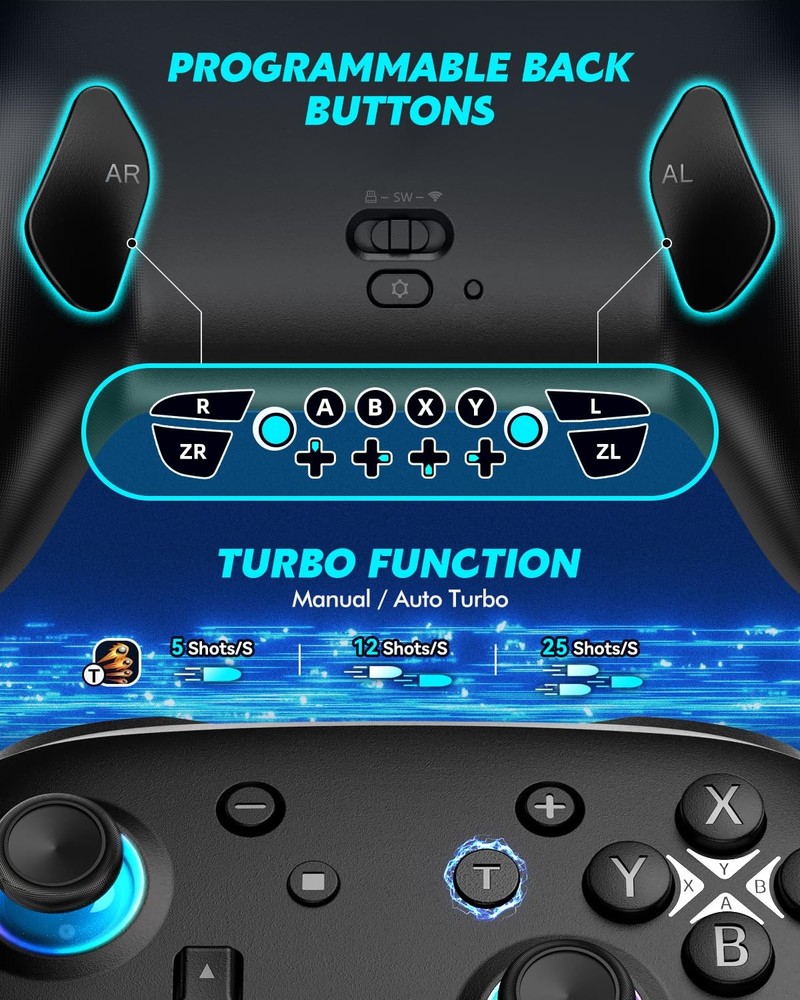 Hall Effect Bluetooth Controller with 2.4G Adapter, Wireless Switch Black