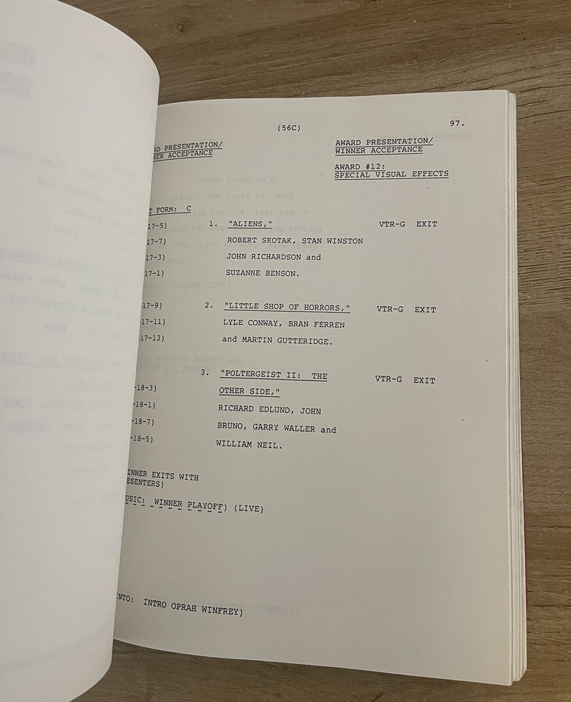 59th ACADEMY AWARDS Production Script Original Oscars - FINAL DRAFT 1987