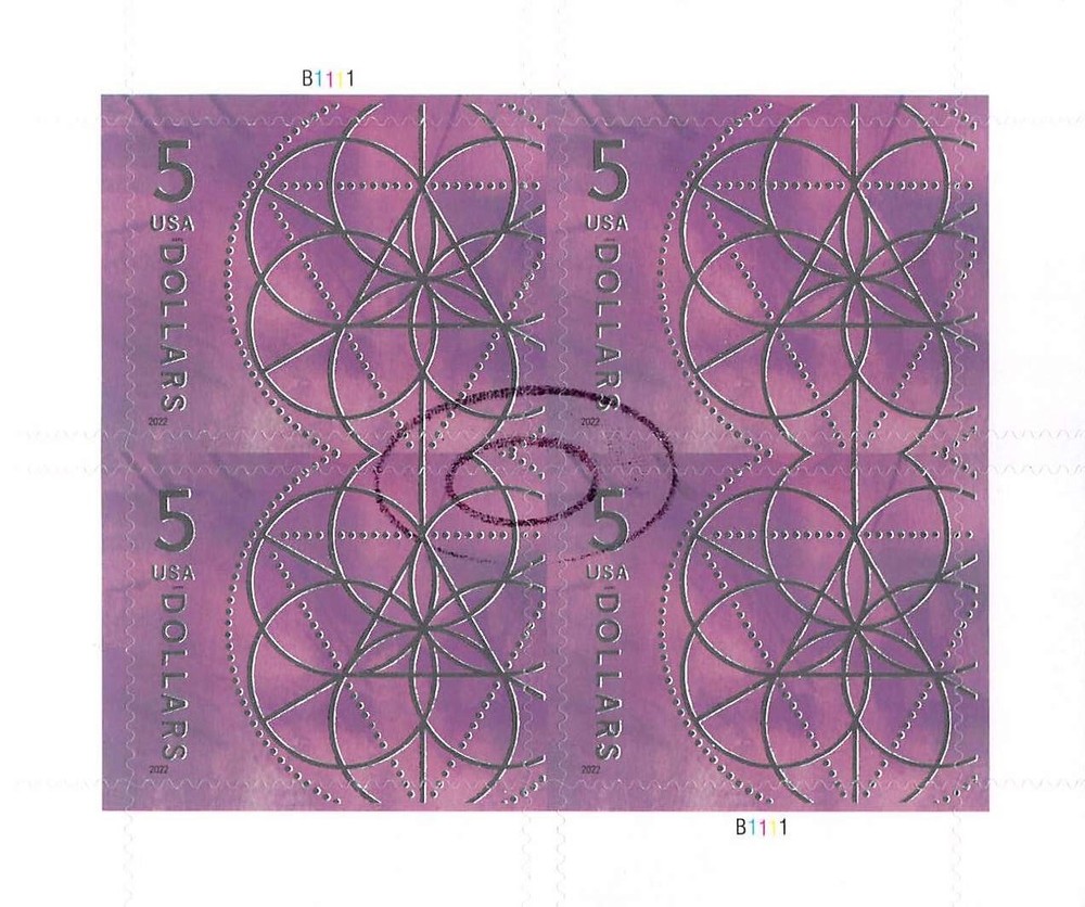 CANCELED POSTAL COUNTERFEIT SHEETLET FOR STUDY $5 FLORAL GEOMETRY