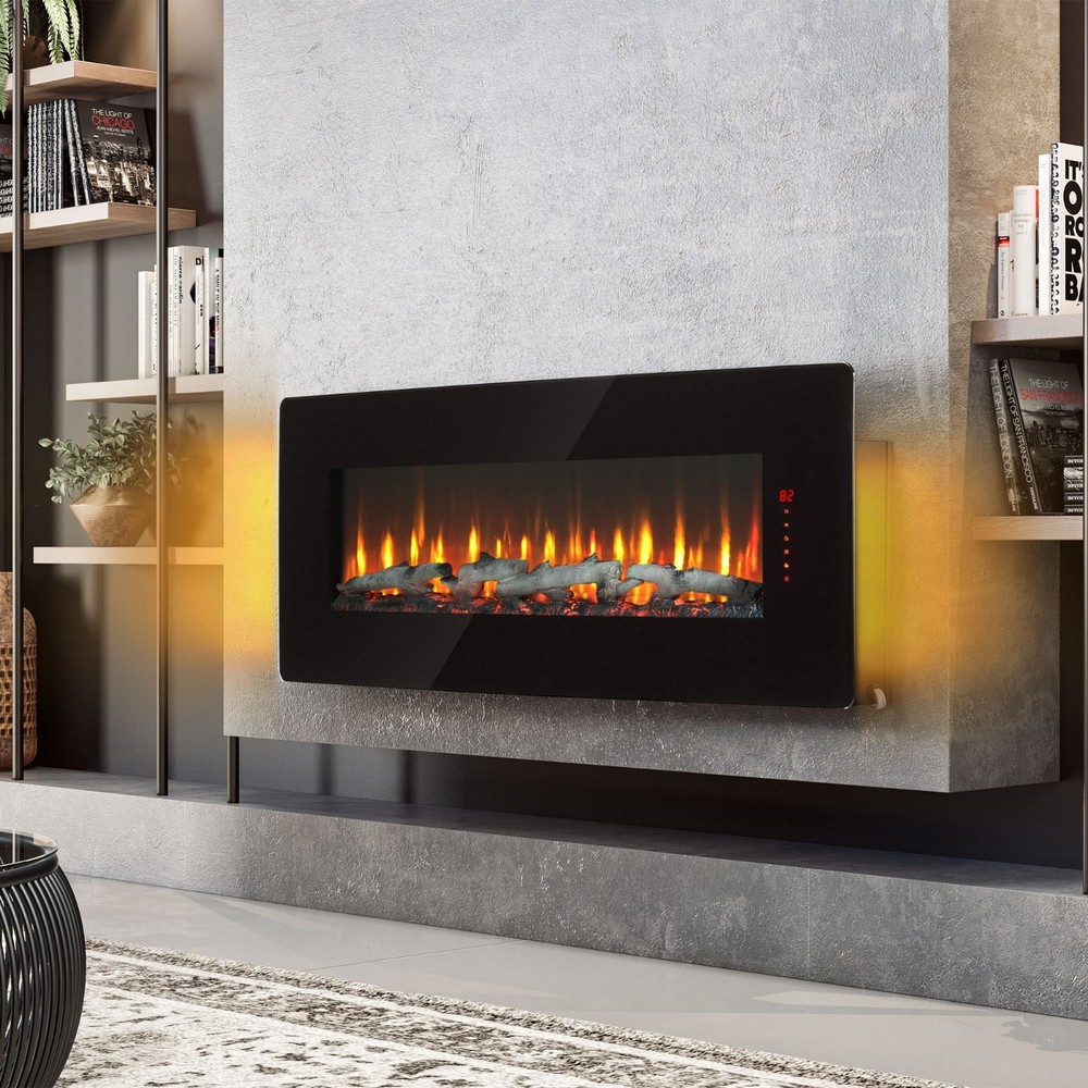 48" Curved Front Wall Mounted Electric Fireplace with Multi Color Flame&Emberbed