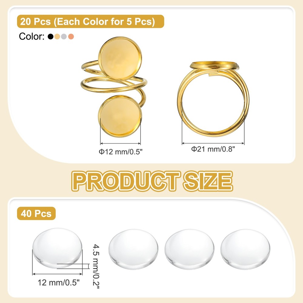 20Pcs Round Ring Base 12mm Ring Blank Base with 40Pcs Cabochon(Silver/Gold)
