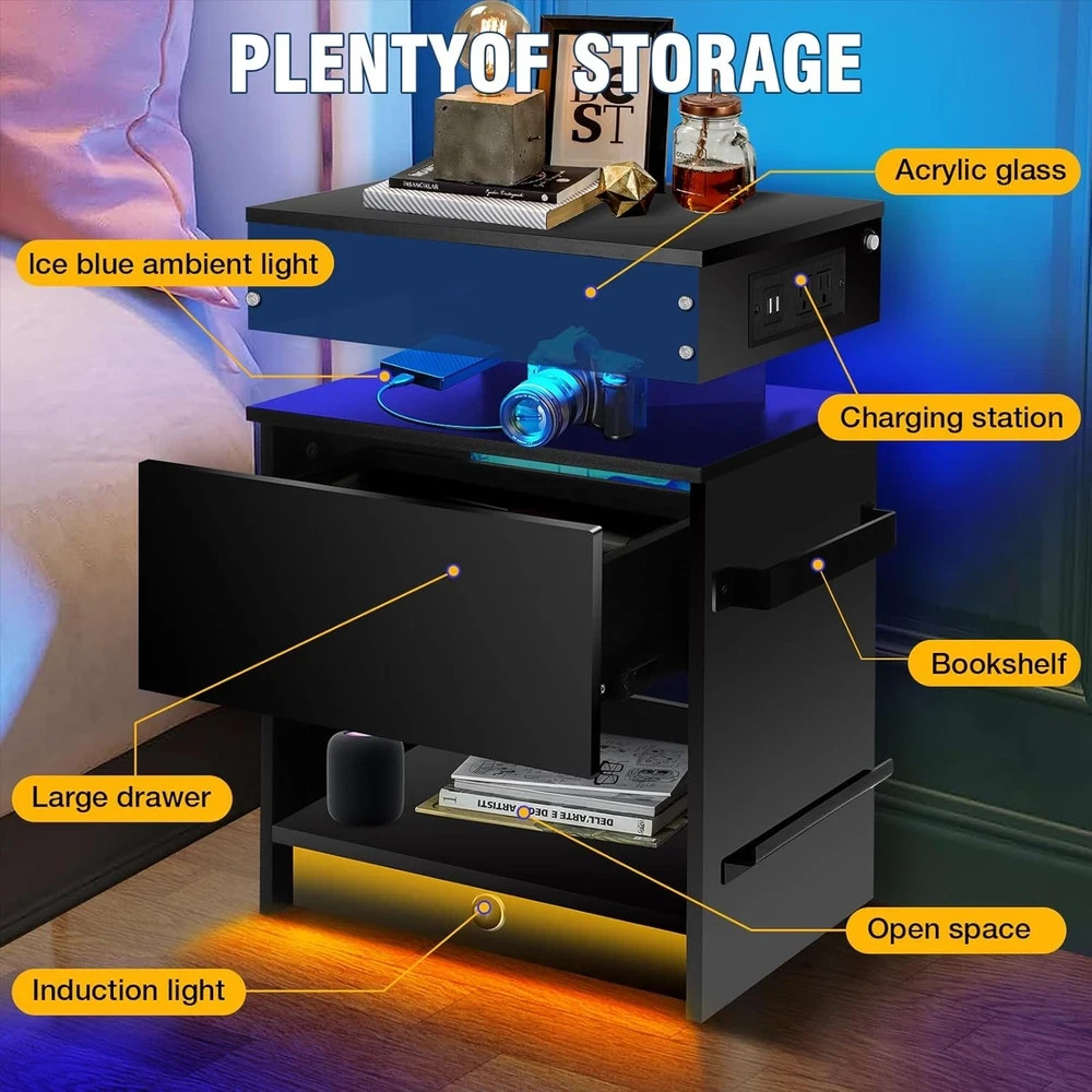 Modern Black Nightstand Set with Charging Station and LED Light, 2-Pack