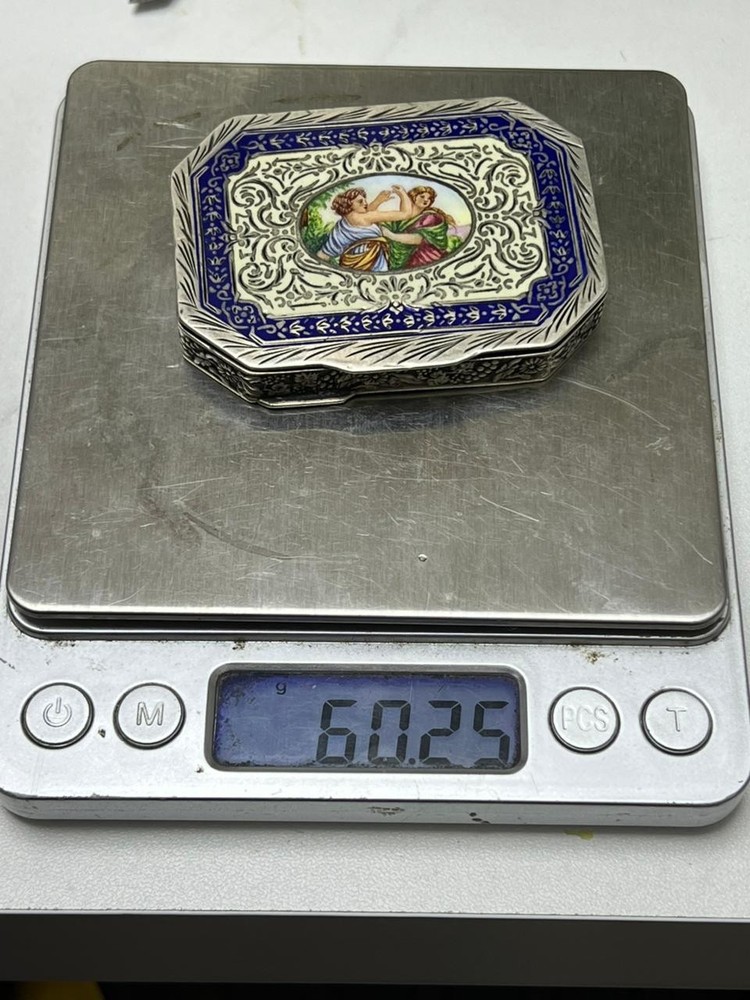 Antique 800 Silver Powder Box Enamel