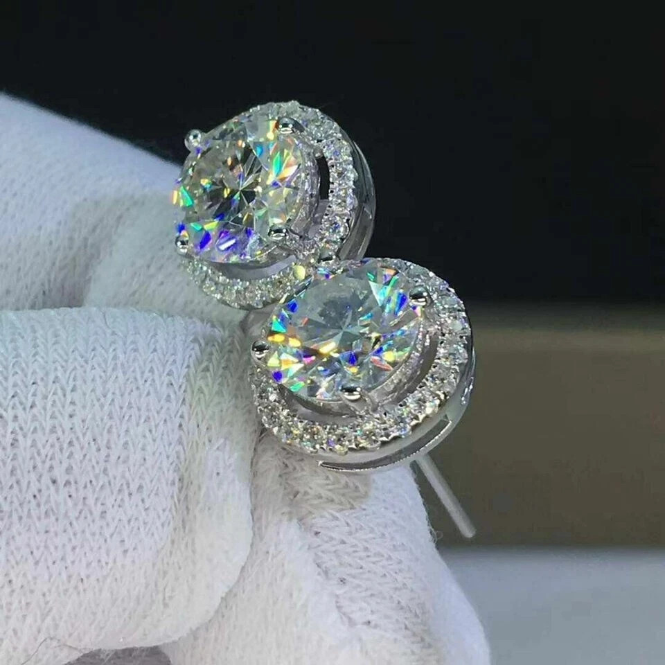 4Ct Lab Created Diamond Push Back Halo Stud Earrings Solid 14K White Gold Finish