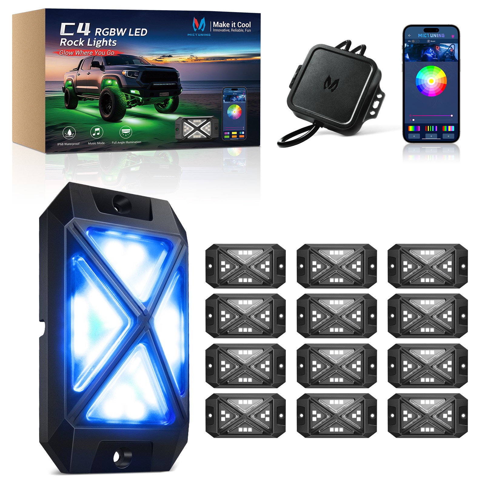 MICTUNING C4 RGBW LED Rock Light,12-Pods Car Underglow Neon Accent Light LED Kit