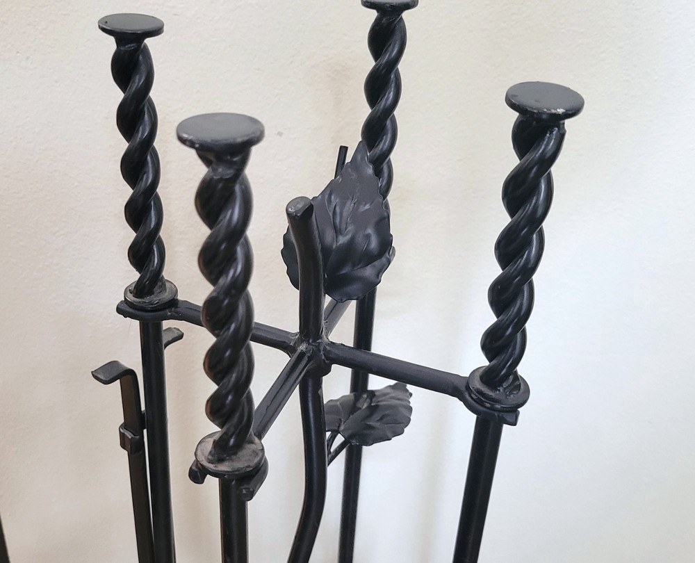 Vintage Black Wrought Iron Leaf Fireplace Tools Set